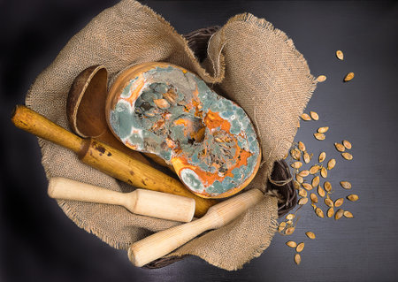 Orange moldy cut of a pumpkin surrounded by kitchen utensils on sackcloth and scattered seeds on a black background, mold and mildew on food, mold development, frequent problems, texture, top viewの写真素材