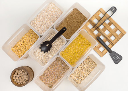 Various cereals - wheat, peas, buckwheat, millet, oatmeal, barley in open plastic containers for bulk products and kitchen utensils on a white background diagonally, top viewの写真素材