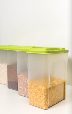 Various cereals - wheat, buckwheat, millet, barley in closed plastic transparent containers for bulk products on a white background, copy space, vertical, side view, shallow depth of fieldの写真素材