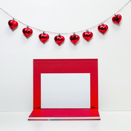 white sheet of paper in a frame from a red book on a white background decorated with a garland of hearts, horizontal, copy-spaceの写真素材
