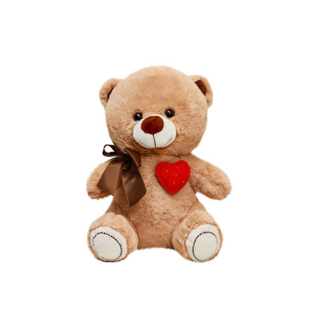 Teddy bear with a heart made of soft fabric, copy-space, close up, isolate on white background, squareの写真素材