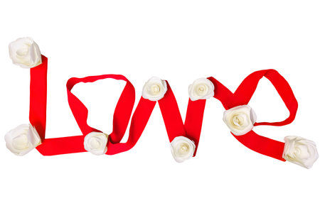 The word Love made from hot red cloth ribbon with white  paper roses, isolated on white background, horizontalの写真素材