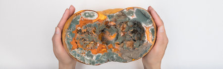 Female hands hold  orange moldy cut pumpkin, mold and mushrooms on food, mold development, pest of stored vegetable food, frequent problem, copy-space, horizontal, texture, isolated on a white background, close-up, flat lay, bannerの写真素材
