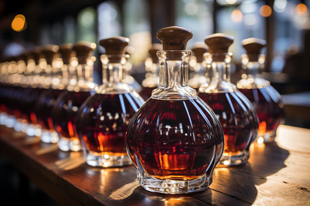 Beverage production and Preparation. Glass bottles for filling a variety of drinks, close-upの素材