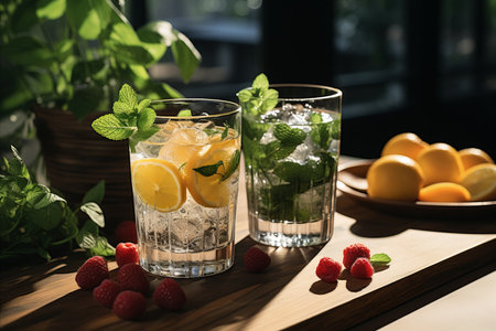 Close-up of two beautifully decorated cocktail glasses filled with colorful cocktail  with fruitsの素材