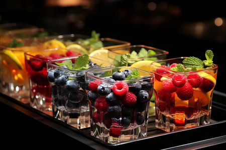 Colorful Cocktail Glasses Filled with Berries and Fruits, Beautifully Presented in a Close-up Shotの素材
