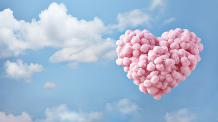 Dreamy Pink Valentines Day Heart Soaring in Clouds, Abstract Background with Stylish Copyspaceの素材