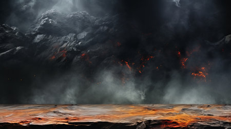 Volcanic Stone Texture with Fiery Lava Veins and Smoke on Dark Background for High Quality Designの素材