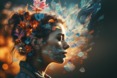 Double Exposure. Woman and Flowers - Mental Health, Womens Day, Dark Backgroundの素材