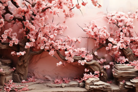 Romantic image of cherry blossoms against the background of an old wall in pink and pastel colorsの素材