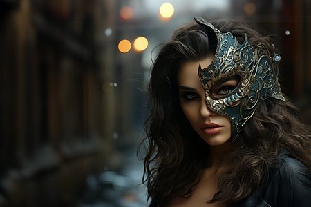 Elegant Brunette in Mysterious Half Mask. Mesmerizing Carnival Costume for Fashion Photo Shootの素材
