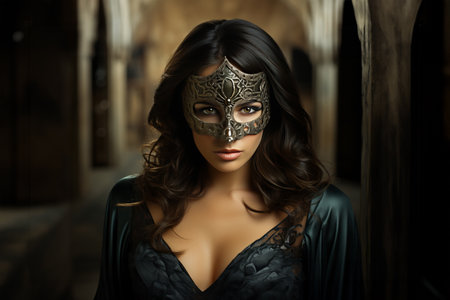 Beautiful Young Woman in Mysterious Black Venetian Mask - Elegant Fashion Close-up Portraitの素材