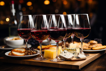 Wine Selection and Wine Tasting with a variety of  Snacks  Paired with Beverages  in a wine cellarの素材