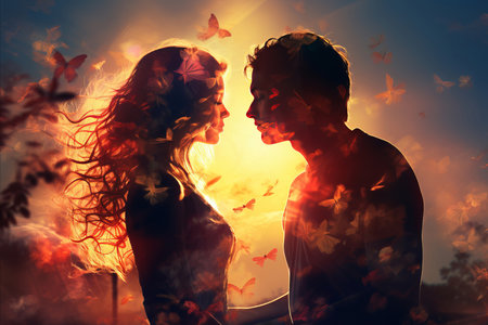 Romantic Double Exposure Silhouette of Woman and Man Embracing at Beautiful Sunset Beachの素材