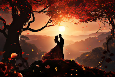 Double exposure of couple symbolizing love surrounded by picturesque natural sceneryの素材