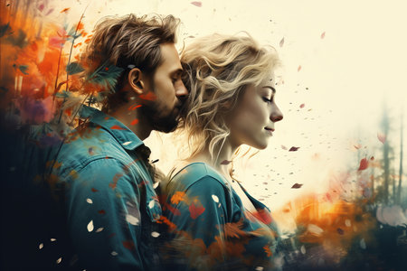 The Power of Love. Double Exposure Capturing Natures Beauty in Man and Woman Profilesの素材