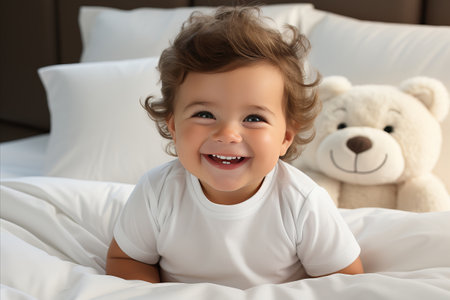 Smiling Baby on White Bed with Plush Toys in Bright Room, Medium Shot, High Quality Imageの素材