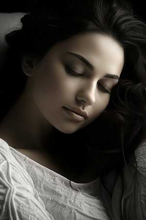 Minimalistic Black and White Portrait. Contemplative Young Woman Lost in Her Thoughtsの素材