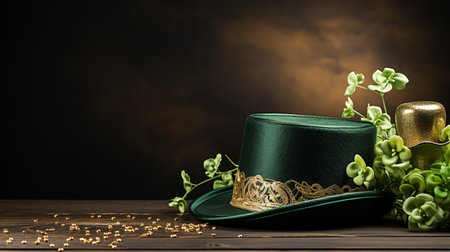 St. Patricks Day Celebration. Green Leaf Clover and Lucky Hat on Wooden Background with Copy Spaceの素材