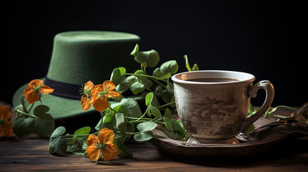 St. Patricks Day Composition with Flowers,a cup of herbal tea and Green Top Hat on Wooden Backgroundの素材