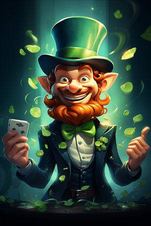 Happy Saint Patrick with a Red Beard and Green Hat Playing Cards in a Cartoon Fairytaleの素材