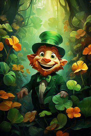 Cheerful Saint Patrick with Red Beard. Green Hat and Clover Leaf Close-Up, Fairytale Cartoon Styleの素材