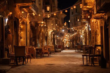 Exquisite Ramadan House and Street Decorations with Stunning Evening Outdoor Illuminationの素材