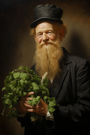 Portrait of an Elderly Man with Red Beard in Tall Hat and Green Plant in Classic Painting Styleの素材