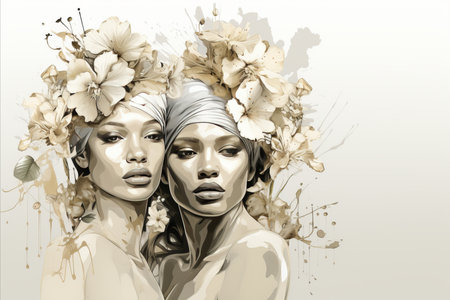Beautiful Women of Different Ethnic Races with Flower Adorned Hair, Womens Day Greeting Card Designの素材