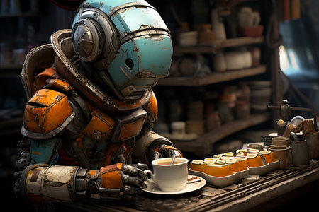 Adorable old friendly robot making breakfast in contemporary kitchen, high-quality, photorealisticの素材