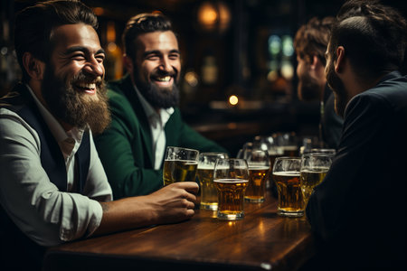 Diverse Group of Friends Celebrating St. Patricks Day in an Irish Pub with a Festive Atmosphereの素材
