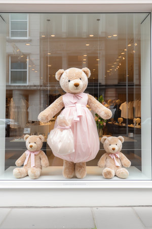 Beautiful Soft Toys, Including Bears, on Display at a Childrens Toy Store in Soft Colorsの素材