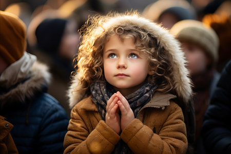 Close-up Portrait of Cute Child Receiving Blessing and Praying, Spiritual Momentの素材
