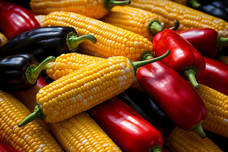 Fresh Farm Products - Sweet Corn Cobs, Assorted Peppers, Top View Display at Marketの素材