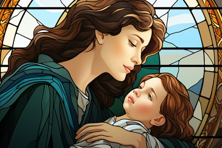 Mother Caring for Child. Bond of Love.Colorful Stained Glass Minimalist Illustration.の素材