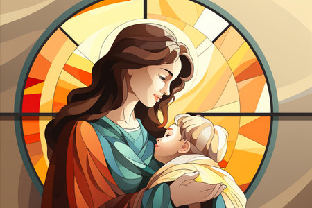 Bond of Love. Vibrant Stained Glass Window Illustration of a Mother and Son in Minimalist Styleの素材