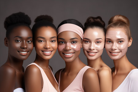 Multicultural Women Bonding Over Home Skin Care Routine, Making Face Masks for Radiant Skinの素材