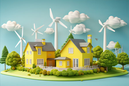 Renewable Energy. Paper Art Illustrating Carbon-Neutral Wind Turbines and Energy Consumption in 2050の素材
