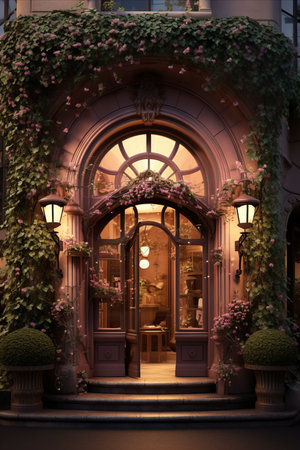 Charming floral showcase-entrance. Window display with rounded top and exquisite flower decor.の素材