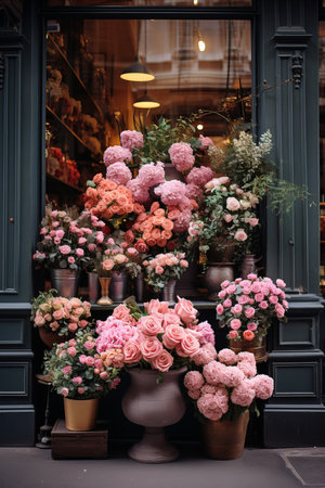 Exquisite showcase of stunning and vibrant floral arrangements in a luxurious flower shop display.の素材