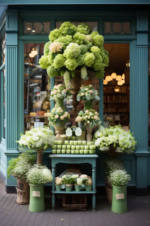 Exquisite showcase of stunning and vibrant floral arrangements in a luxurious flower shop display.の素材