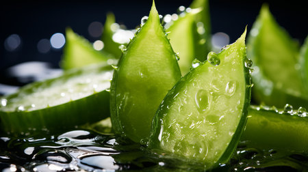 Aloe vera slices floating in water drops. Natural skin care and cosmetics ingredients illustration.の素材