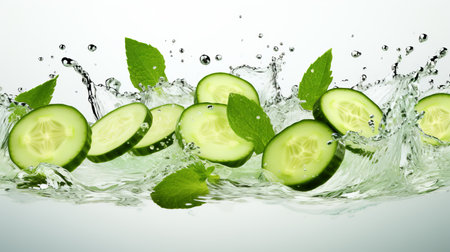 Cucumber slices in water with splashes on a plain background for skin care and cosmetics ingredientsの素材