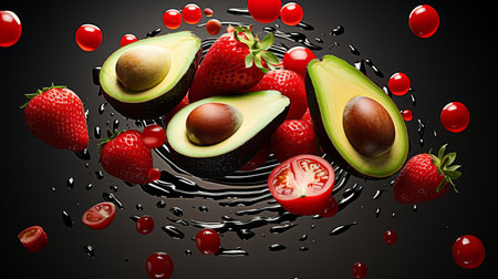Halved avocado, tomato and strawberry on plain background. Skin care concept, cosmetics ingredientsの素材