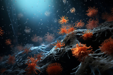 Microscopic structure of virus in lungs. Demonstrating profound impact on the body.の素材