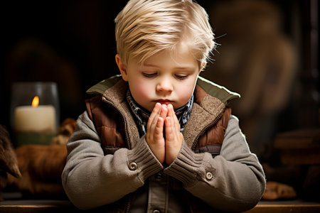 Cute Little Child Praying in Church, Receiving Blessing - Cinematic Studio Portraitの素材