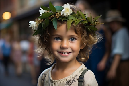 Smiling girl with curly blond hair and a beautiful flower wreath on her head, posing on the streetの素材