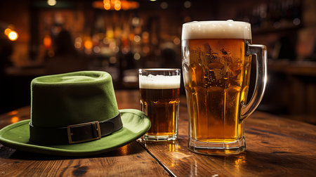 St. Patricks Day Composition with , Beer and Top Hat on Wooden Background, close-upの素材