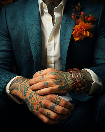 Traditional asian style tattoo on the hands of a sophisticated gentleman wearing a stylish suitの素材