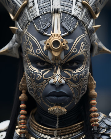 Close-up portrait of young dark-skinned man with asian-style face art depicting a majestic leaderの素材